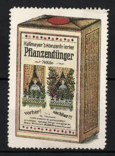 Reklamemarke Hallmayer`s konzentrierter Pflanzendünger, Verpackung mit Pflanzenfenster