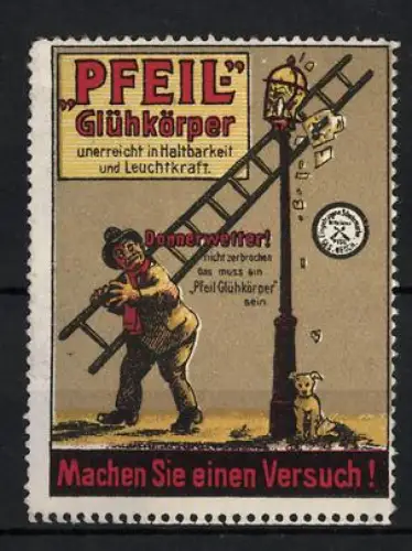 Reklamemarke Pfeil Glühkörper, Mann mit Laterne und Hund