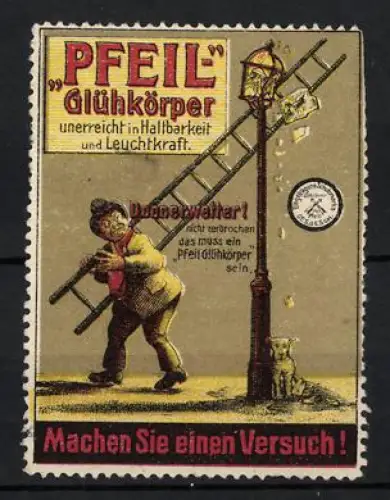 Reklamemarke Pfeil Glühkörper, Laterne mit Leiter und Hund