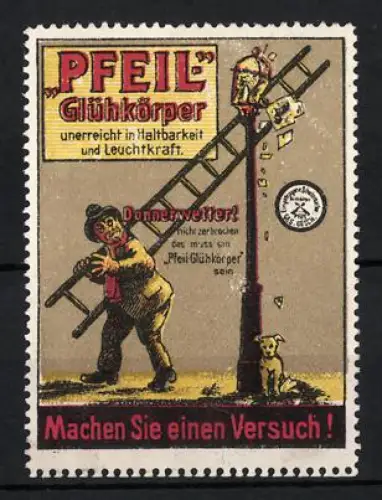 Reklamemarke Pfeil Glühkörper, Mann mit zerbrochener Glühbirne und Hund