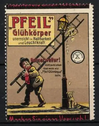 Reklamemarke Pfeil Glühkörper, Mann mit Leiter und Hund