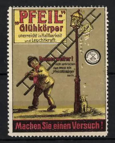 Reklamemarke Pfeil Glühkörper, Robuste Strassenlaterne mit Mann und Hund