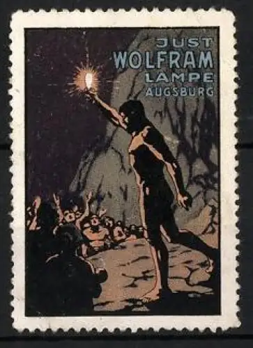 Reklamemarke Augsburg, Just Wolfram Lampe, Mann in einer Höhle mit Lampe