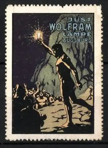 Reklamemarke Augsburg, Just Wolfram Lampe, Mann mit Lampe vor Felsen