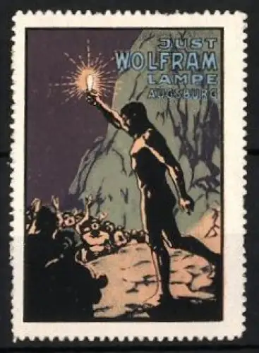 Reklamemarke Augsburg, Just Wolfram Lampe, Mann mit Lampe in Höhle