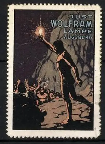 Reklamemarke Augsburg, Just Wolfram Lampe, Höhlenmensch mit Lampe
