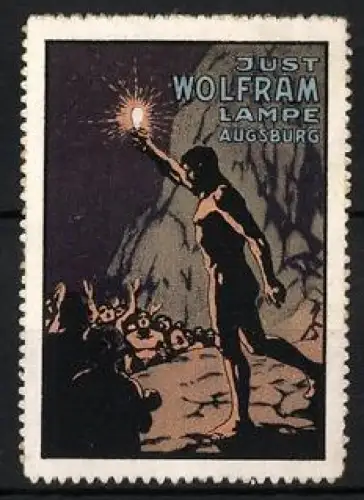 Reklamemarke Augsburg, Just Wolfram Lampe, Höhlenmensch mit Lampe