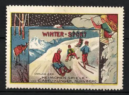 Reklamemarke Nürnberg, C. Abel-Klinger, Heimchen Spiele, Winter-Sport, Schlitten und Skifahrer im Schnee