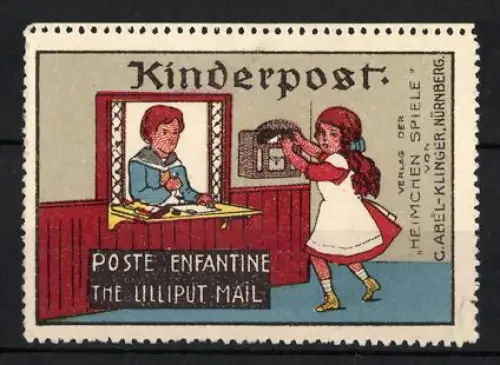Reklamemarke Nürnberg, C. Abel-Klinger, Heimchen Spiele, Kinderpost, Mädchen an Schalter