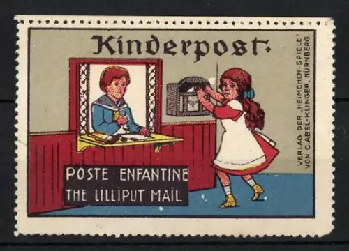 Reklamemarke Nürnberg, C. Abel-Klinger, Heimchen Spiele, Kinderpost, Mädchen am Schalter