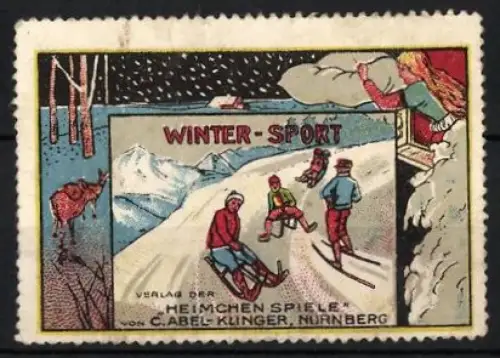 Reklamemarke Nürnberg, C. Abel-Klinger, Heimchen Spiele, Winter-Sport, Skifahrer im Schnee