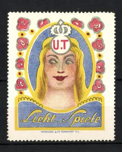 Reklamemarke U. T. Licht-Spiele, Frau mit Blumenrahmen