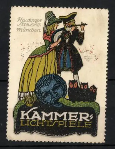 Reklamemarke München, Kammer-Lichtspiele, Flötenspieler und Tänzerin, Eule