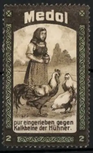 Reklamemarke Medol, Mittel gegen Kalkbeine der Hühner, Frau mit Hühnern
