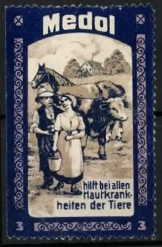 Reklamemarke Medol, Bauernpaar mit Kuh und Pferd
