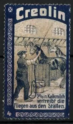 Reklamemarke Creolin, Mann mit Pferd im Stall