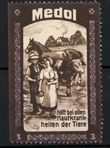 Reklamemarke Medol, Hilft bei Hautkrankheiten der Tiere, Bauernhof-Szene mit Tieren