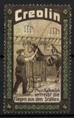 Reklamemarke Creolin, 2% Kalkmilch vertreibt Fliegen, Stallpflege mit Pferden