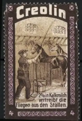Reklamemarke Creolin, Mann mit Pferd im Stall