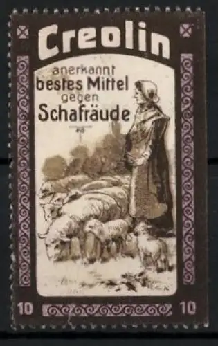 Reklamemarke Creolin, Mittel gegen Schafräude, Schäferin mit Schafen