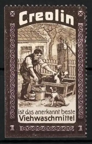 Reklamemarke Creolin, Viehwaschmittel, Landwirt mit Hund