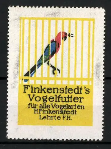 Reklamemarke Lehrte i. H., Finkenstedt`s Vogelfutter, Vogel im Käfig