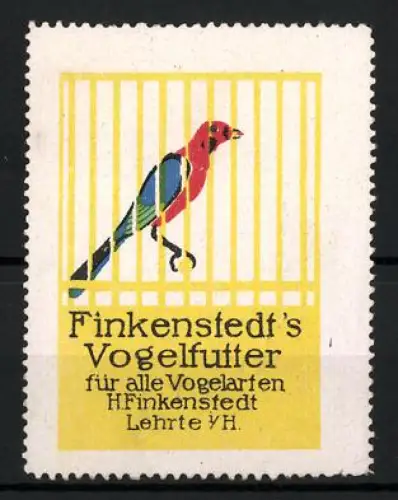 Reklamemarke Lehrte i. H., Finkenstedt`s Vogelfutter, Vogel im Käfig