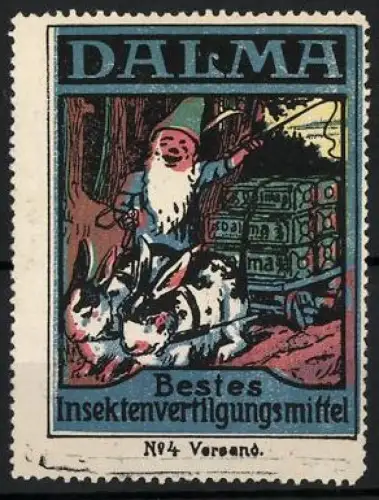 Reklamemarke Dalma, Insektenvertilgungsmittel, Gnom mit Kaninchen