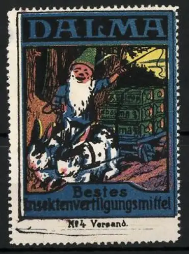 Reklamemarke Dalma, Insektenvertilgungsmittel, Zwerg mit Karren mit Kaninchen