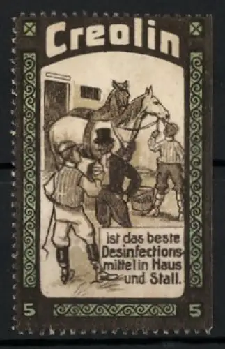 Reklamemarke Creolin, Desinfektionsmittel, Pferd im Stall mit Reitern