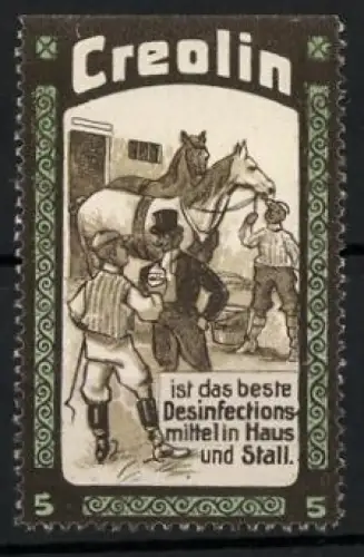 Reklamemarke Creolin, Desinfektionsmittel, Pferd im Stall