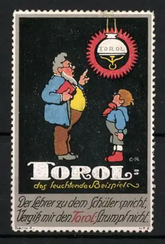 Reklamemarke Torol, Lampe, Lehrer und Schüler mit Lampe