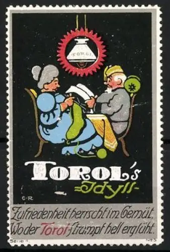 Reklamemarke Torol`s Idyl, Glühlampe, Strickendes Paar und Torol-Flasche