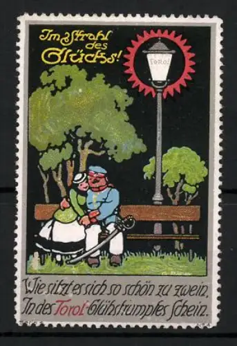 Reklamemarke Torol-Lampe, Im Strahl des Glücks, Laterne und Paar auf Parkbank