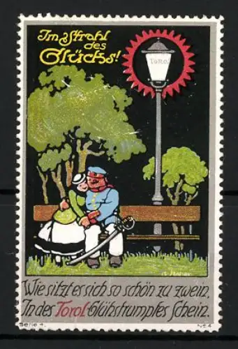 Reklamemarke Torol, Im Strahl des Glücks, Parkbank mit Laterne, Soldat mit seiner Liebsten