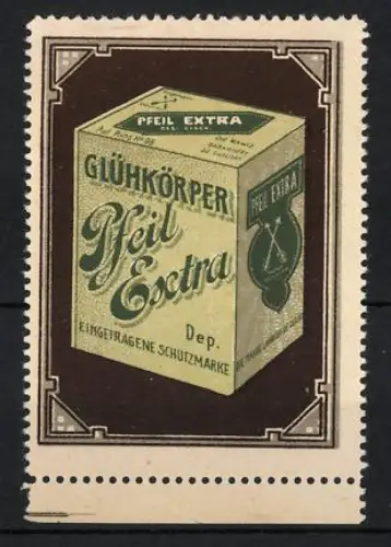 Reklamemarke Glühkörper Pfeil Extra, Verpackung mit Pfeilsymbol