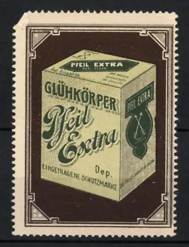 Reklamemarke Glühkörper Pfeil Extra, Kartonbox mit Pfeil-Symbol