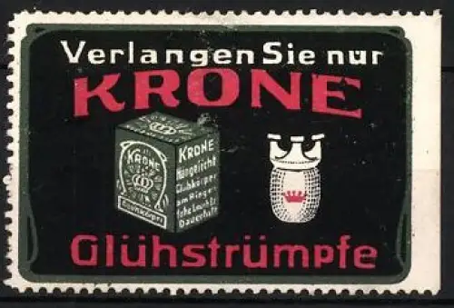 Reklamemarke Krone, Glühstrümpfe, Verpackung und Glühstrumpf