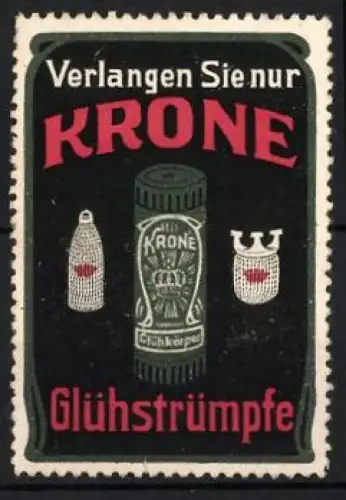 Reklamemarke Krone Glühstrümpfe, Krone-Emblem, Verpackung