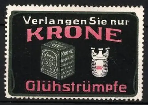 Reklamemarke Krone Glühstrümpfe, Verpackung und Glühstrumpf-Symbol