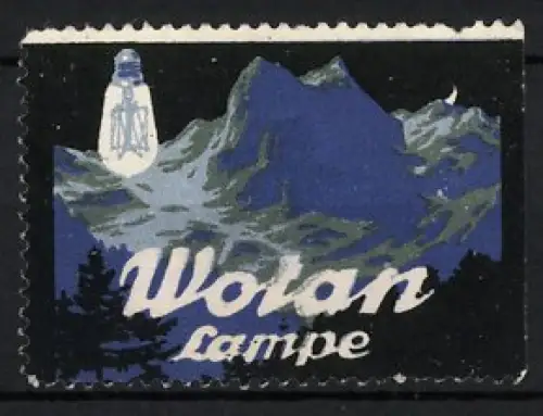 Reklamemarke Wotan Lampe, Berglandschaft mit Glühbirne
