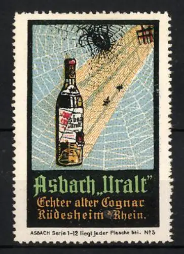 Reklamemarke Rüdesheim a. Rhein, Asbach Uralt, Cognacflasche in Spinnennetz