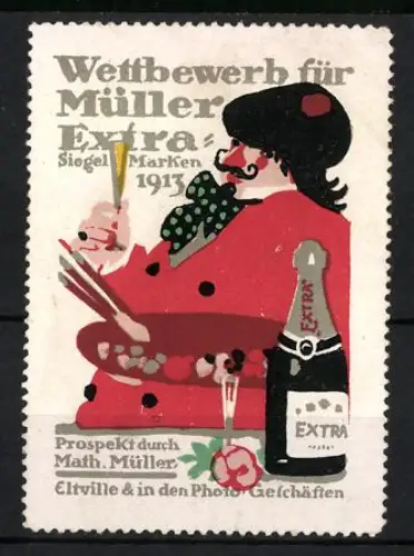 Reklamemarke Eltville, Math. Müller, Sektkellerei, Wettbewerb für Müller Extra 1913, Koch mit Champagnerflasche