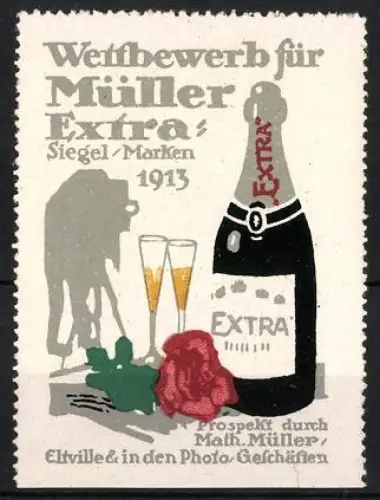 Reklamemarke Eltville, Math. Müller, Sektkellerei, Wettbewerb für Müller Extra 1913, Champagnerflasche