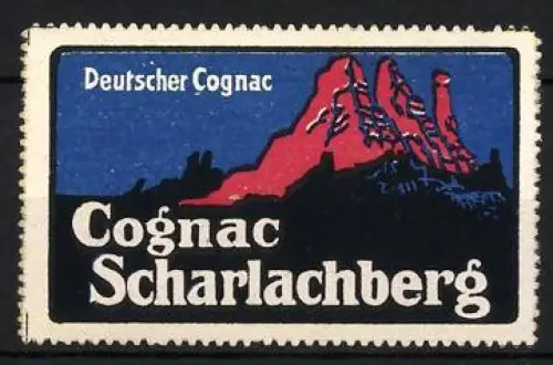 Reklamemarke Cognac Scharlachberg, Roter Berg im Hintergrund