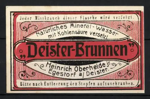 Reklamemarke Egestorf, Heinrich Oberheide jr., Deister-Brunnen, Mineralwasser mit Kohlensäure