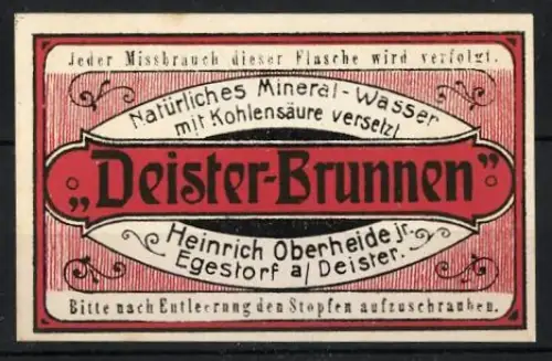 Reklamemarke Egestorf, Heinrich Oberheide jr., Deister-Brunnen, Mineralwasser, FIrmenlogo