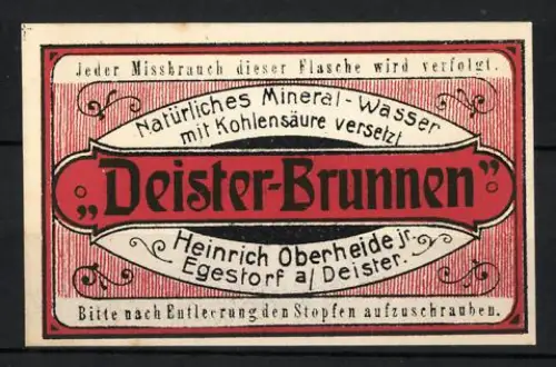 Reklamemarke Egestorf, Heinrich Oberheide jr., Deister-Brunnen, natürliches Mineralwasser mit Kohlensäure