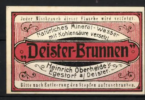 Reklamemarke Egestorf, Heinrich Oberheide jr., Deister-Brunnen, Mineralwasser mit Kohlensäure