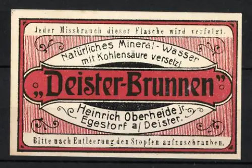 Reklamemarke Egestorf, Heinrich Oberheide jr., Deister-Brunnen, Mineralwasserflasche